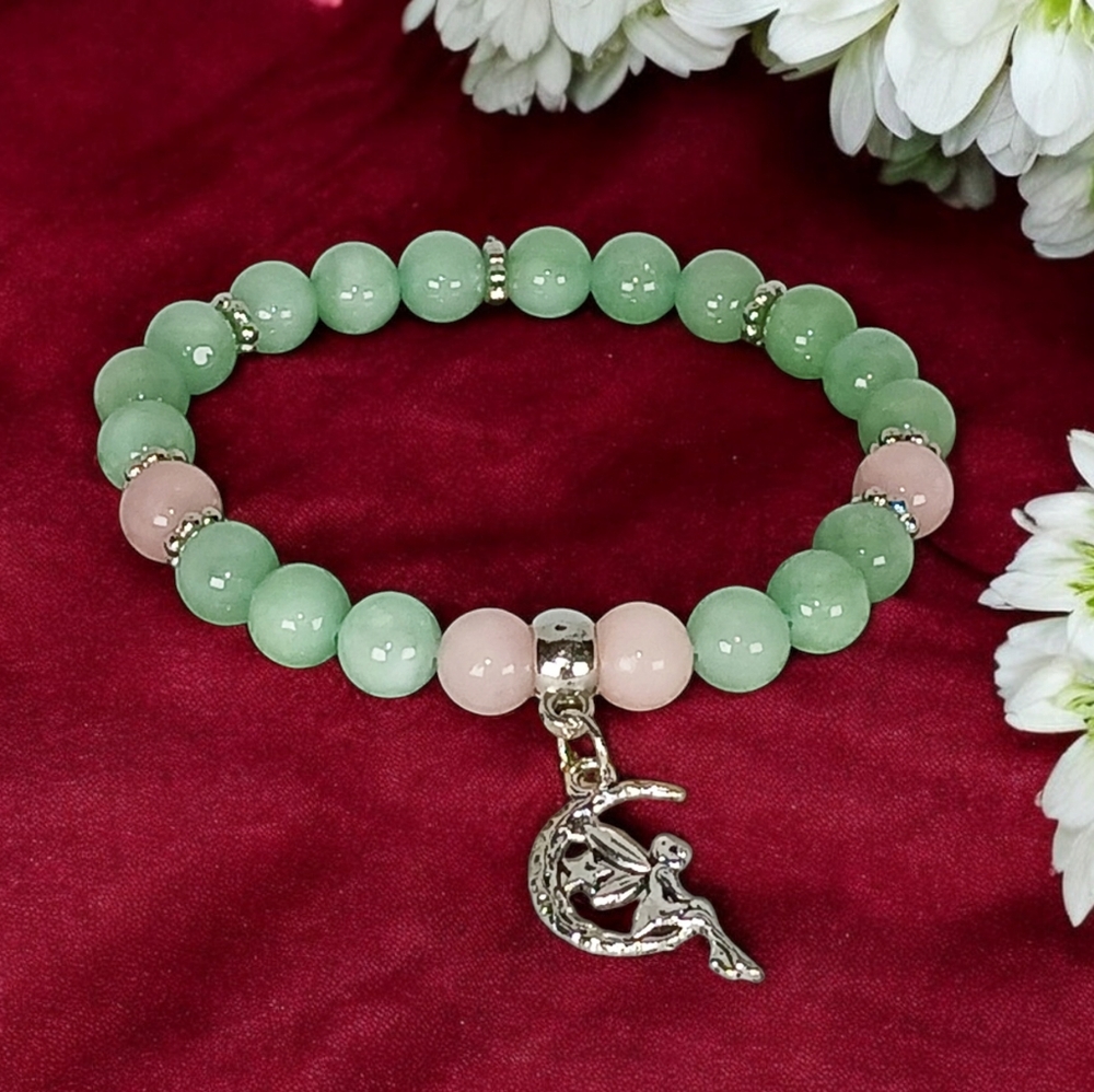 Morganite & Chrysoprase Bracelet with Fairy on Crescent Moon Charm Pastel Preppy